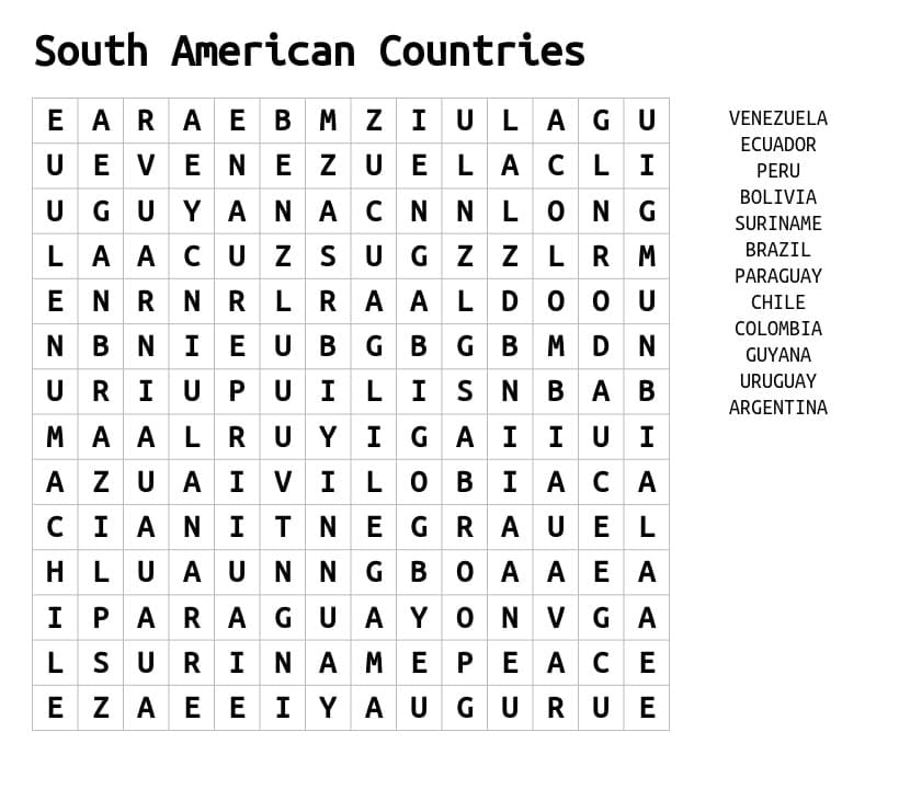 Printable South America Countries Word Search