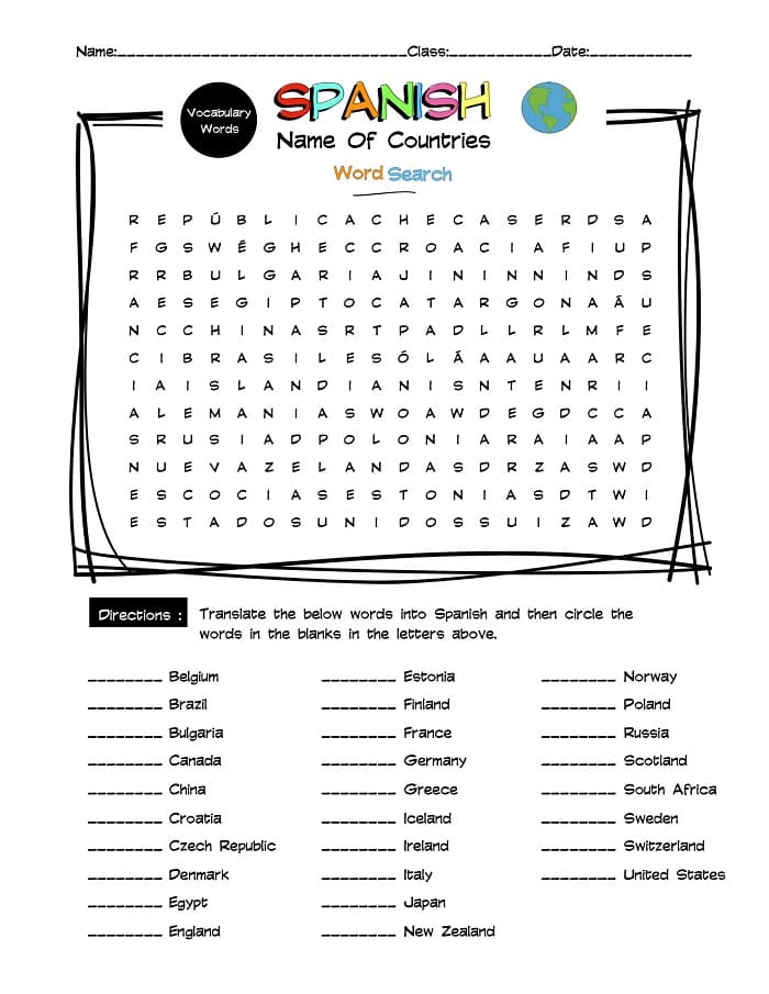 Printable Spanish Name Of Countries Word Search