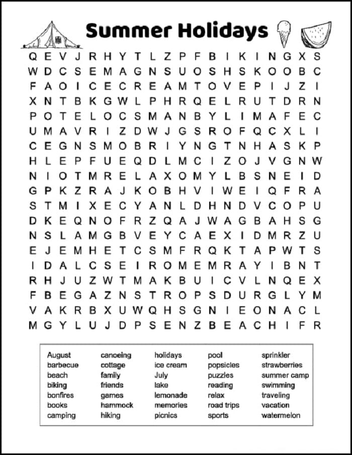 Printable Summer Vacation Word Search