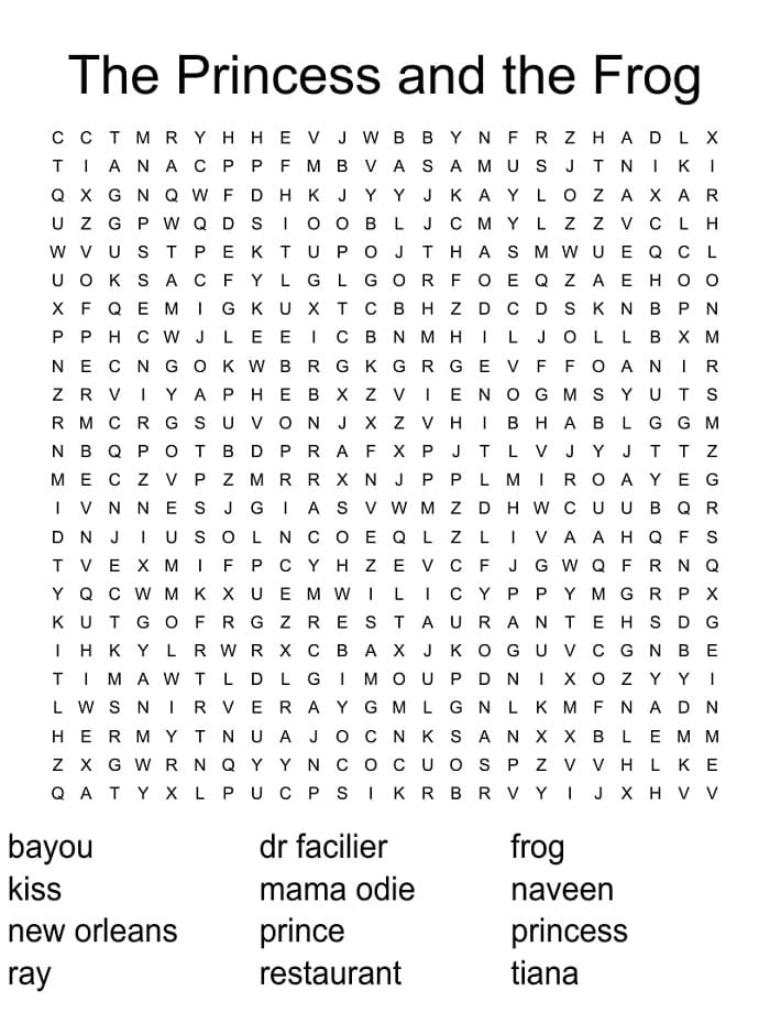 Printable The Princess And The Frog Word Search