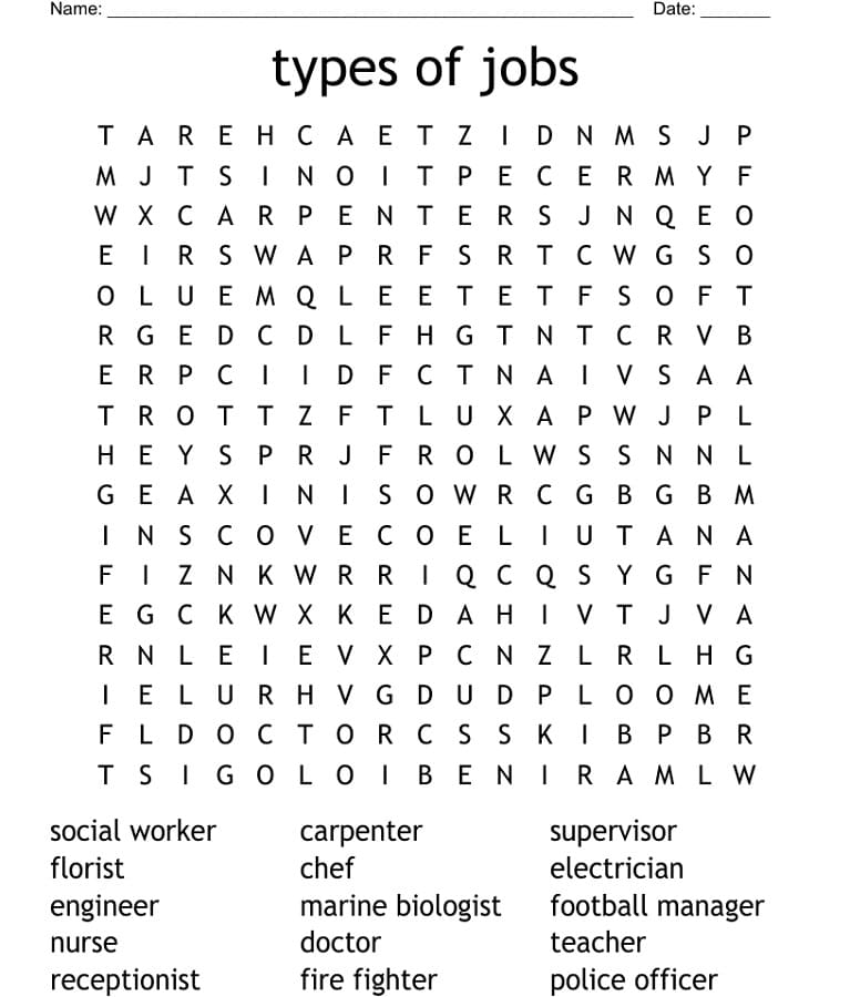 Printable Types Of Jobs Word Search