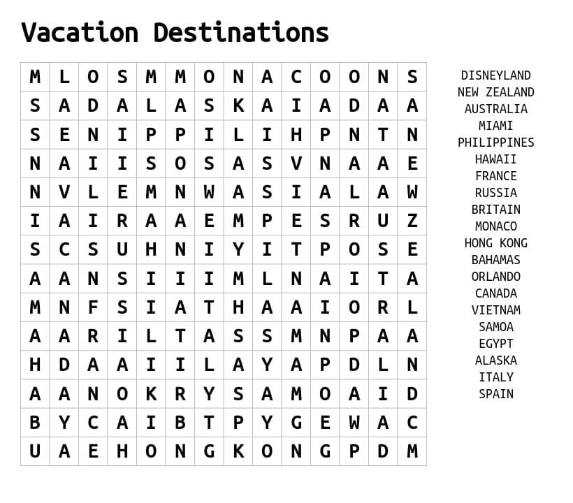 Printable Vacation Destinations Word Search