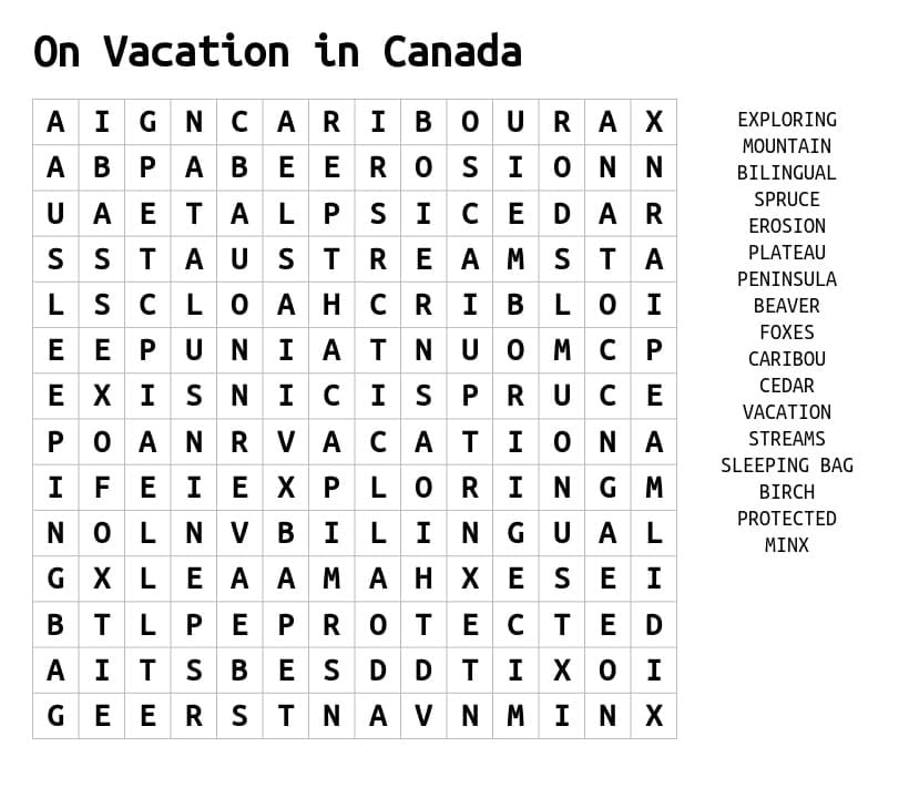 Printable Vacation In Canada Word Search