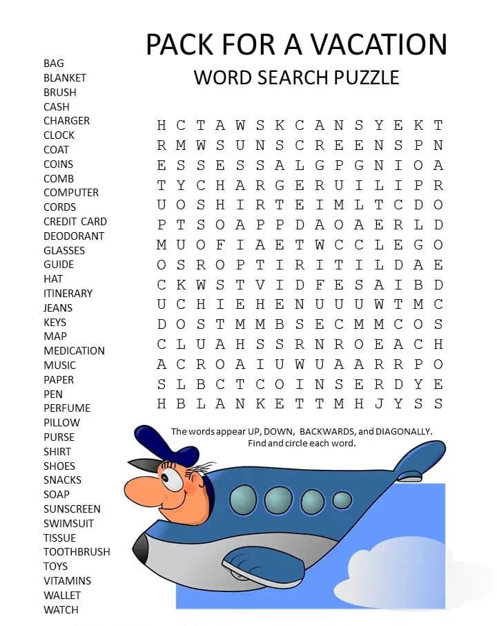 Printable Vacation Packing Word Search