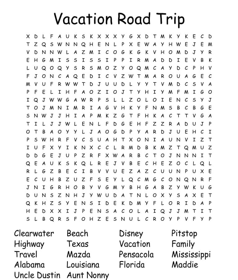 Printable Vacation Road Trip Word Search