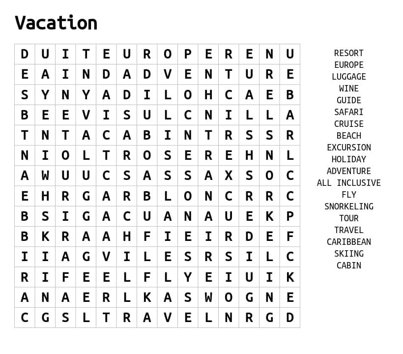 Printable Vacation Word Search Easy