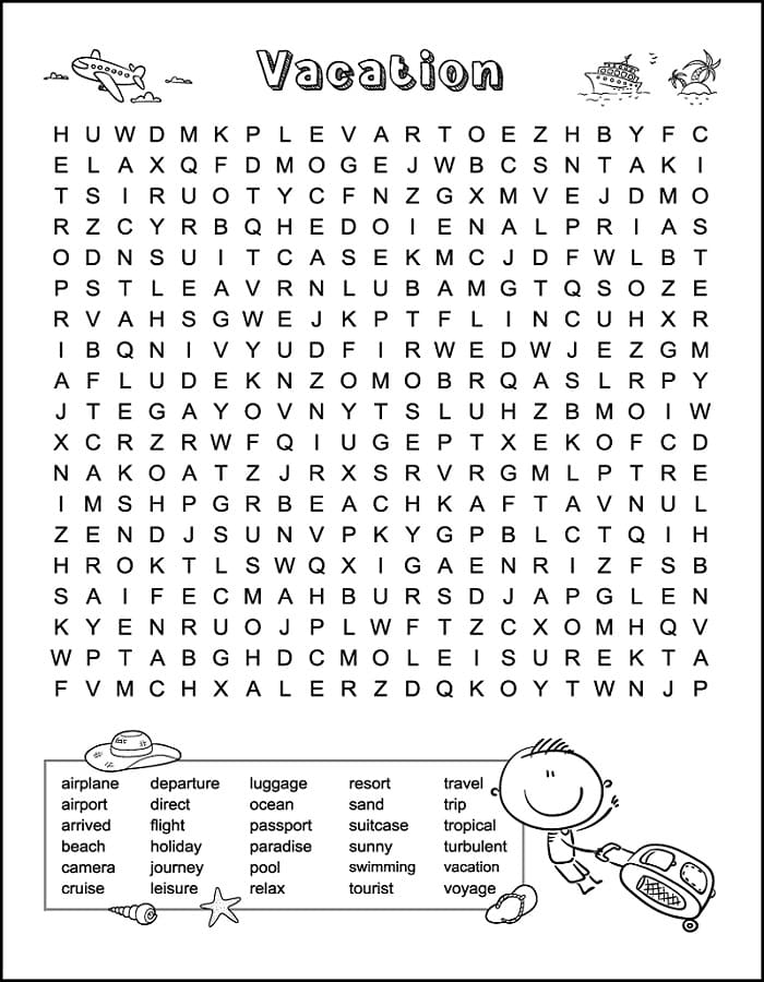 Printable Vacation Word Search For Kids
