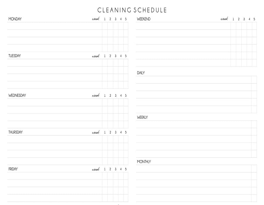 Printable Weekly Cleaning Schedule