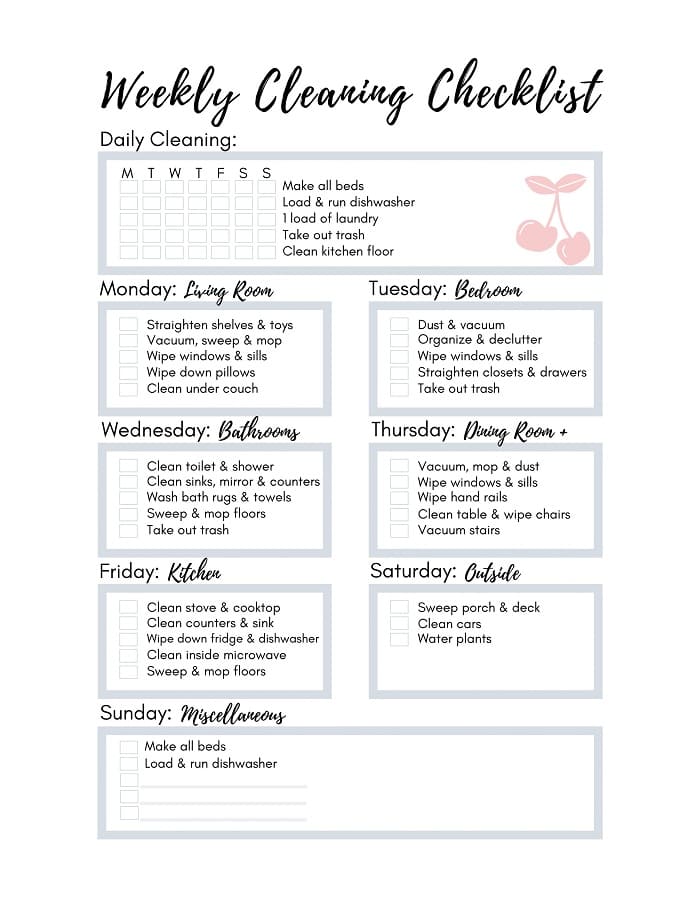 Printable Weekly Cleaning Schedule Checklist