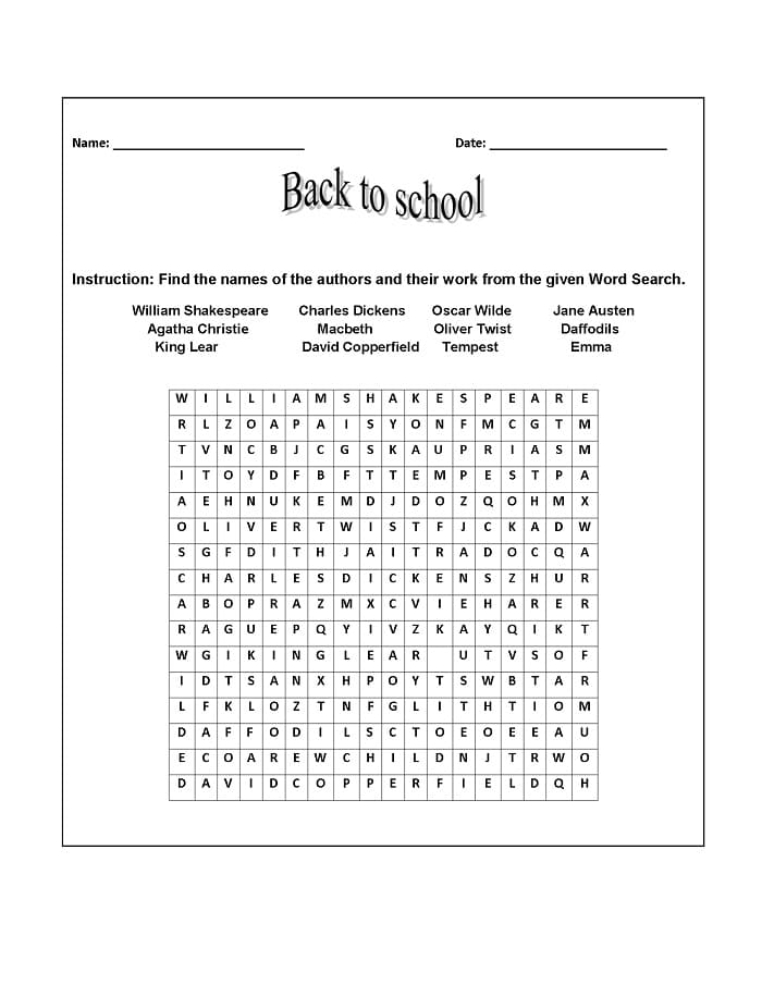 Printable Word Search Back To School Worksheet