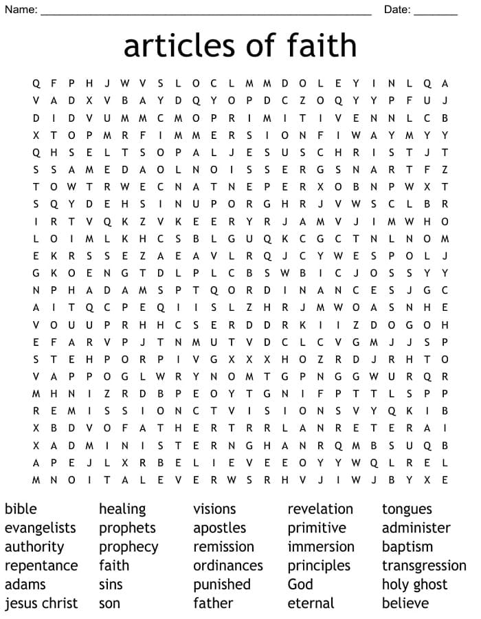 Printable Articles Of Faith Word Search