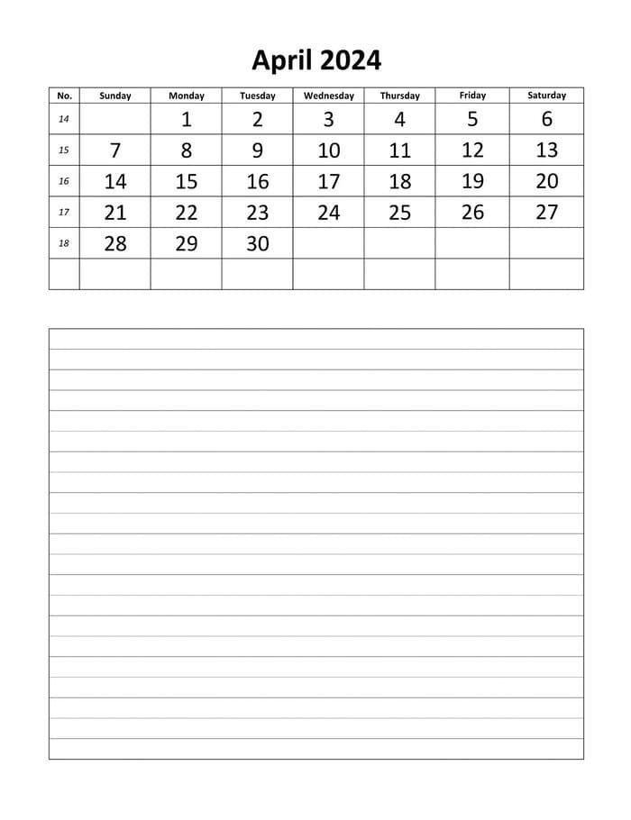 Printable 2024 April Calendar Daily Notes