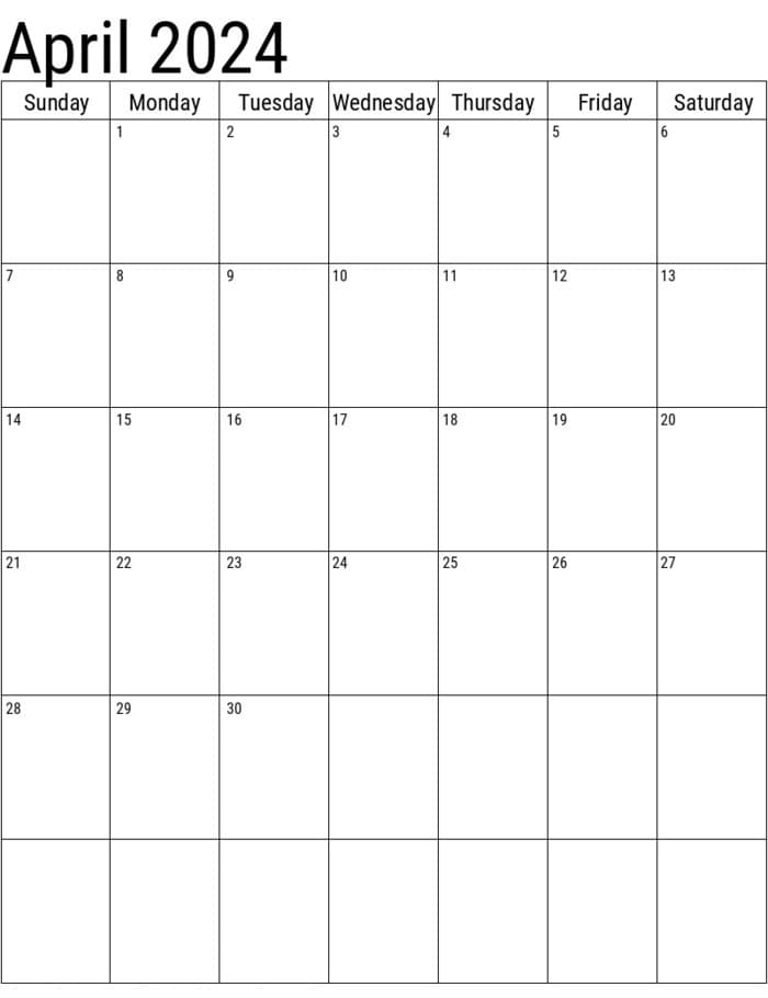 Printable 2024 April Vertical Calendar