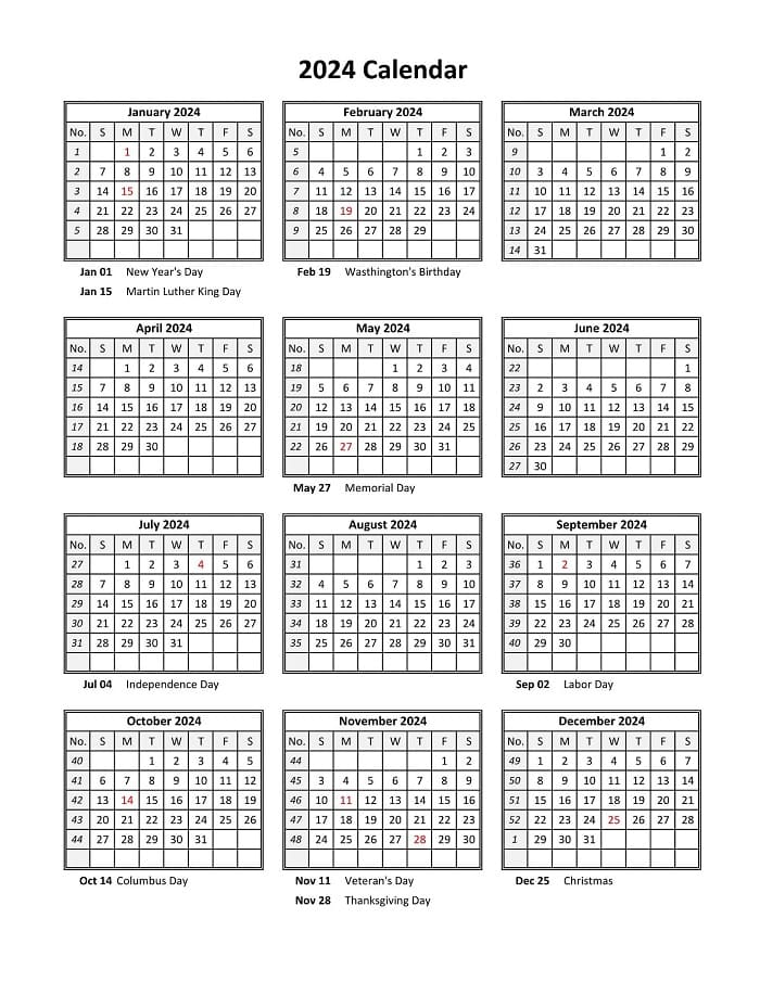 Printable 2024 Calendar Holidays Month Vertical