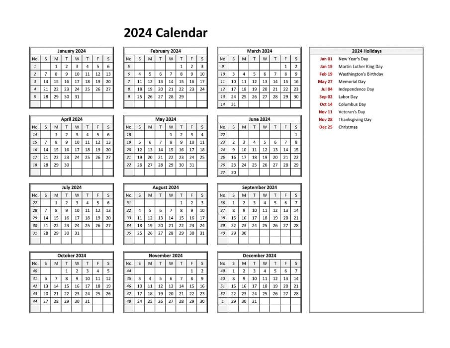Printable 2024 Calendar Holidays Right Horizontal
