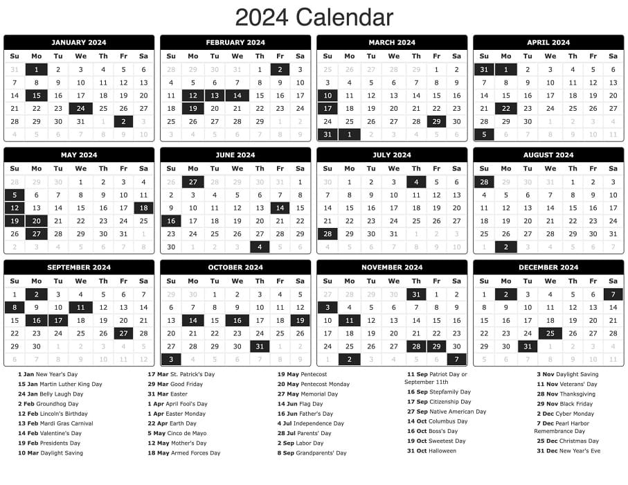 Printable 2024 Calendar With Holiday