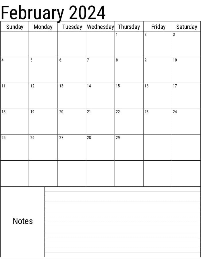 Printable 2024 February Vertical Calendar With Notes