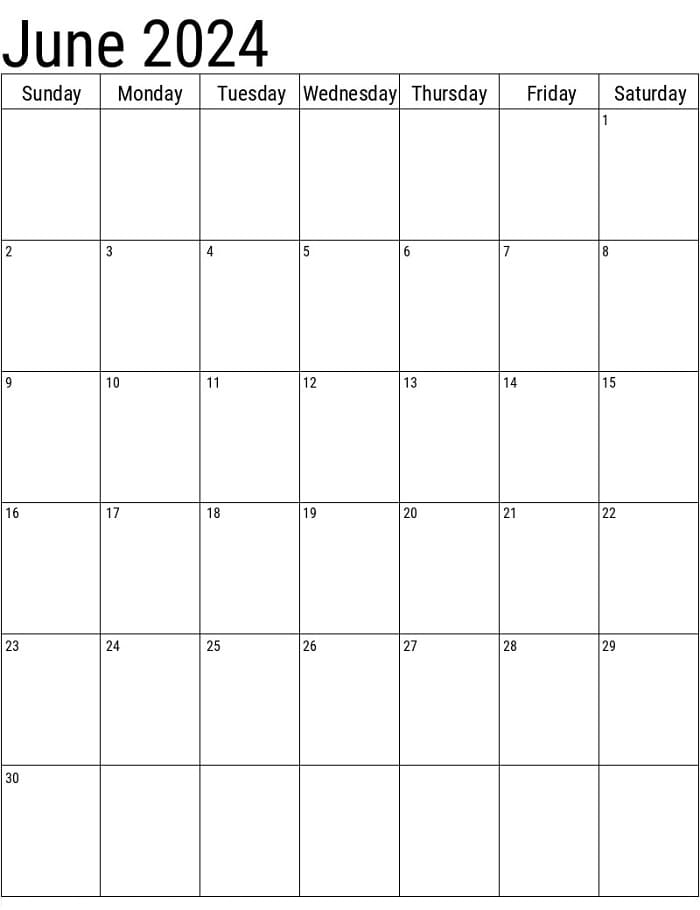 Printable 2024 June Vertical Calendar