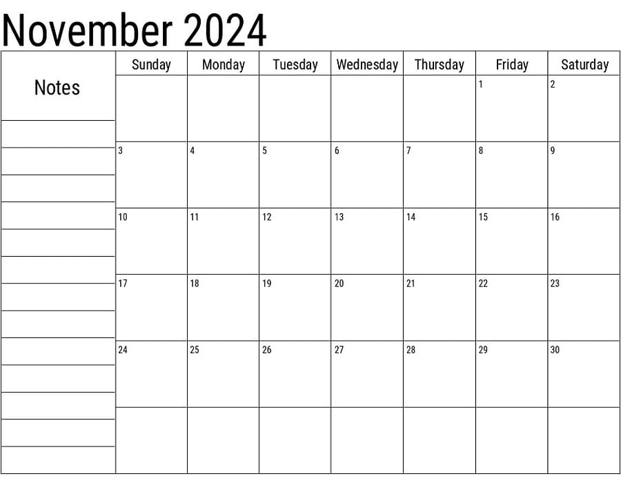 Printable 2024 November Calendar With Notes
