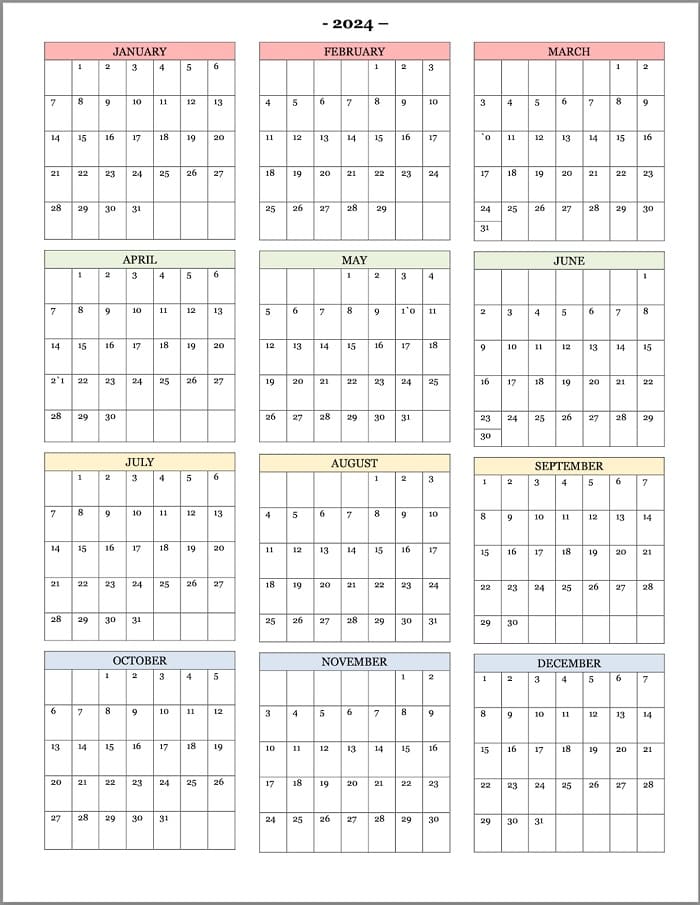 Printable 2024 Year At A Glance Calendar