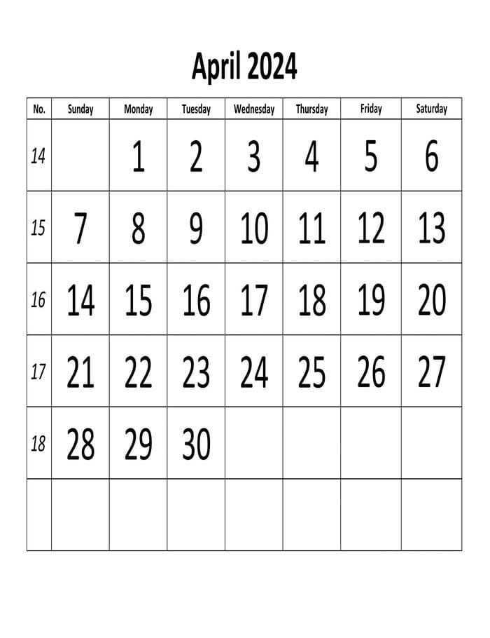 Printable April 2024 Calendar Bigfont Horizontal