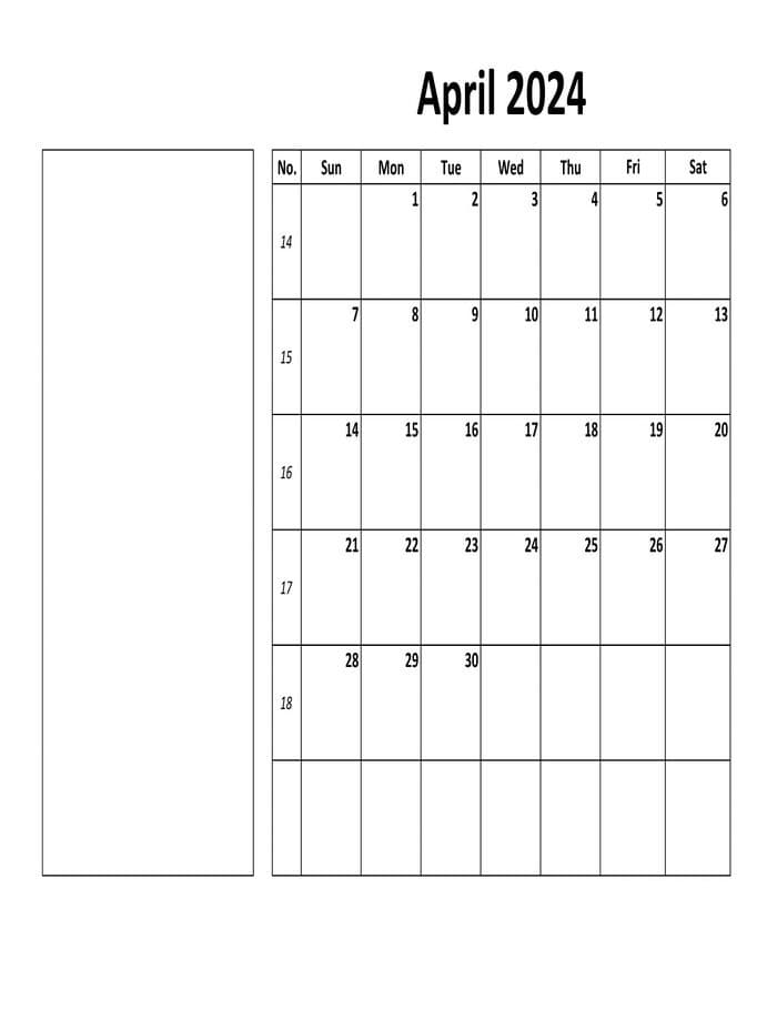 Printable April 2024 Calendar Box Notes