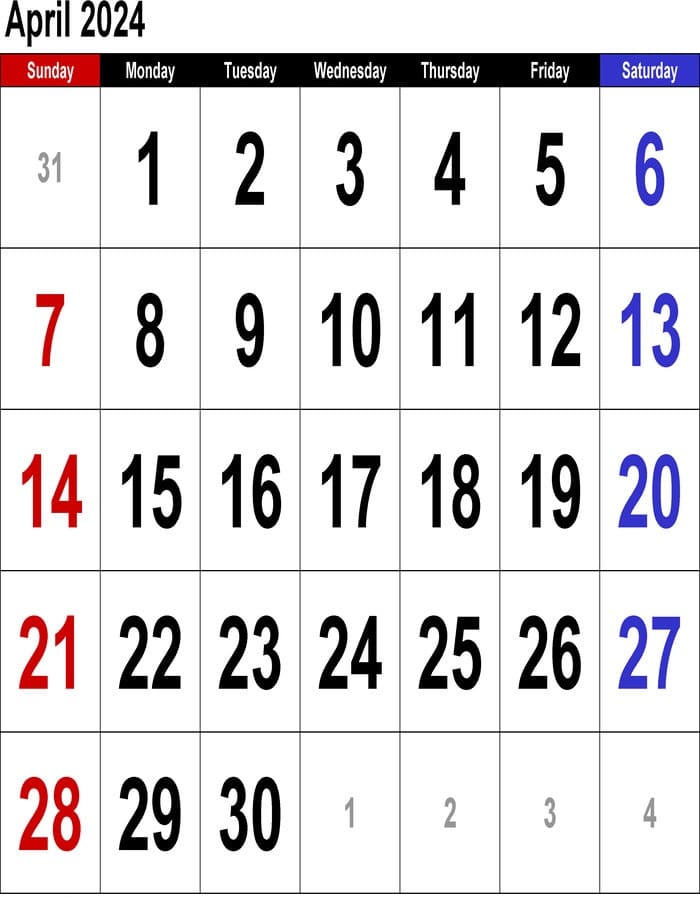 Printable April 2024 Calendar Large Numerals