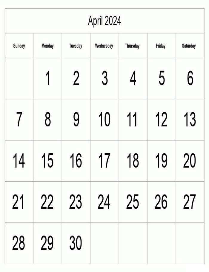 Printable April 2024 Calendar Template