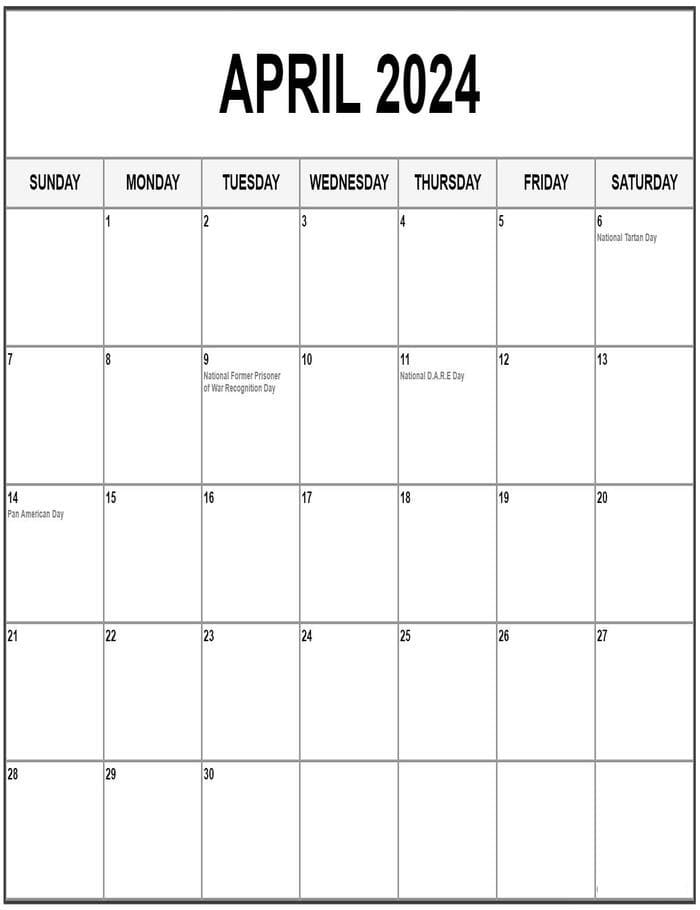 Printable April 2024 With Holidays Calendar