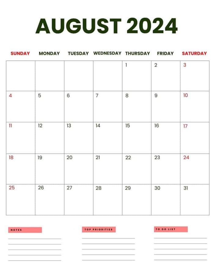Printable August 2024 Calendar Business