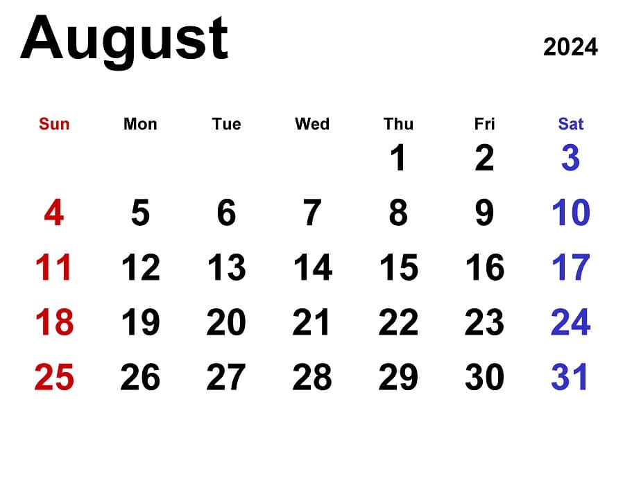 Printable August 2024 Calendar Classic