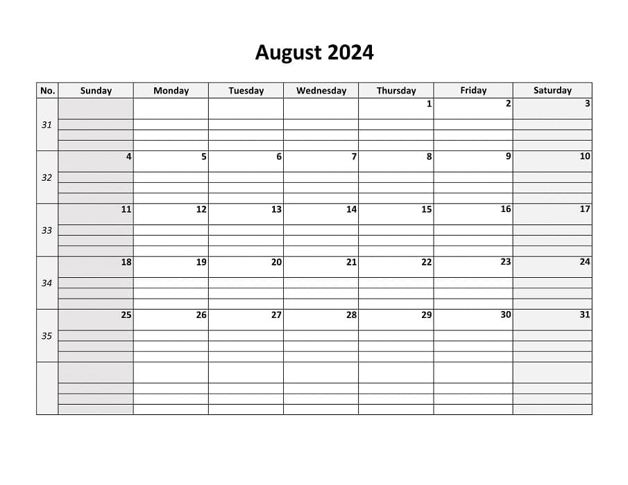 Printable August 2024 Calendar Daygrid