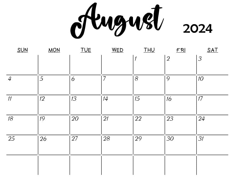 Printable August 2024 Calendar Design