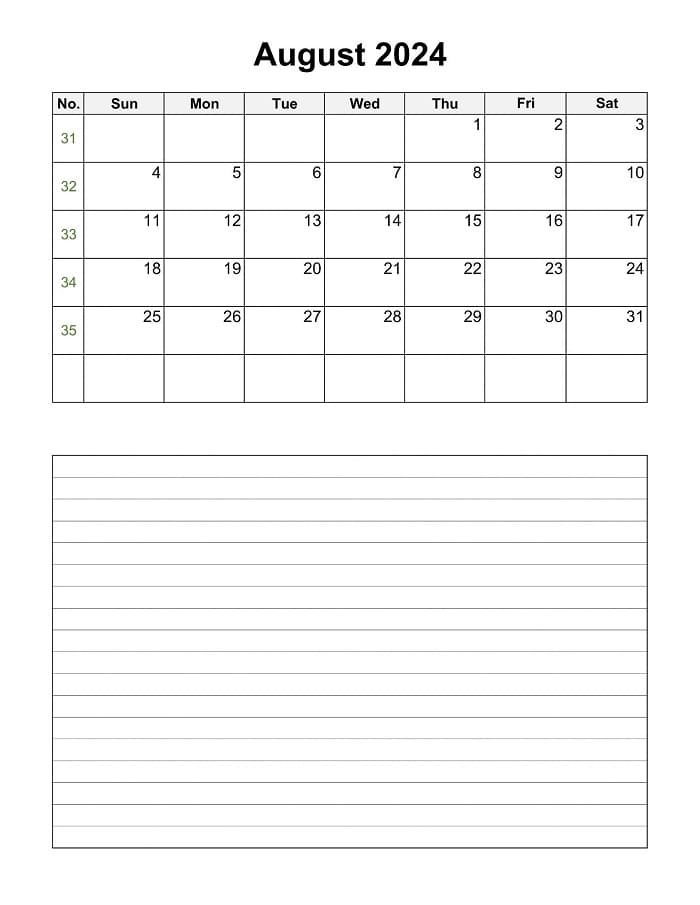 Printable August 2024 Calendar Notes Vertical