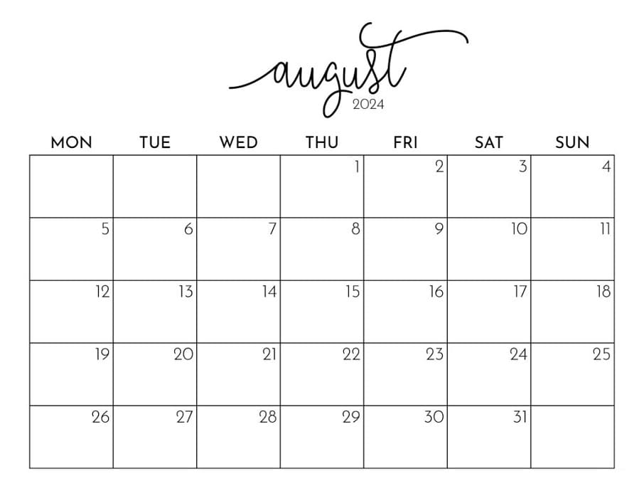 Printable August 2024 Calendar Style