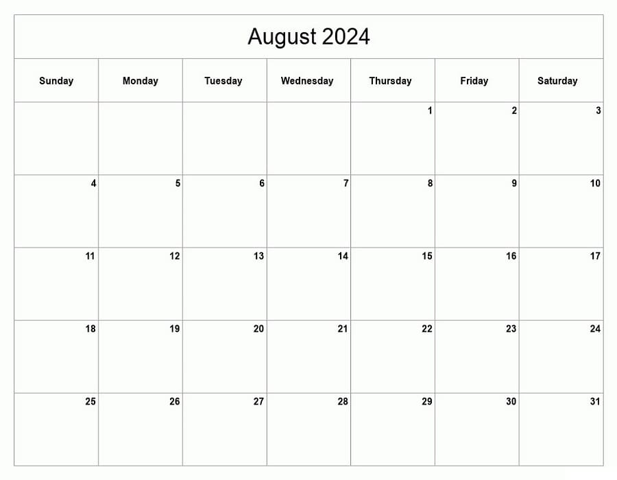Printable August 2024 Calendar Template