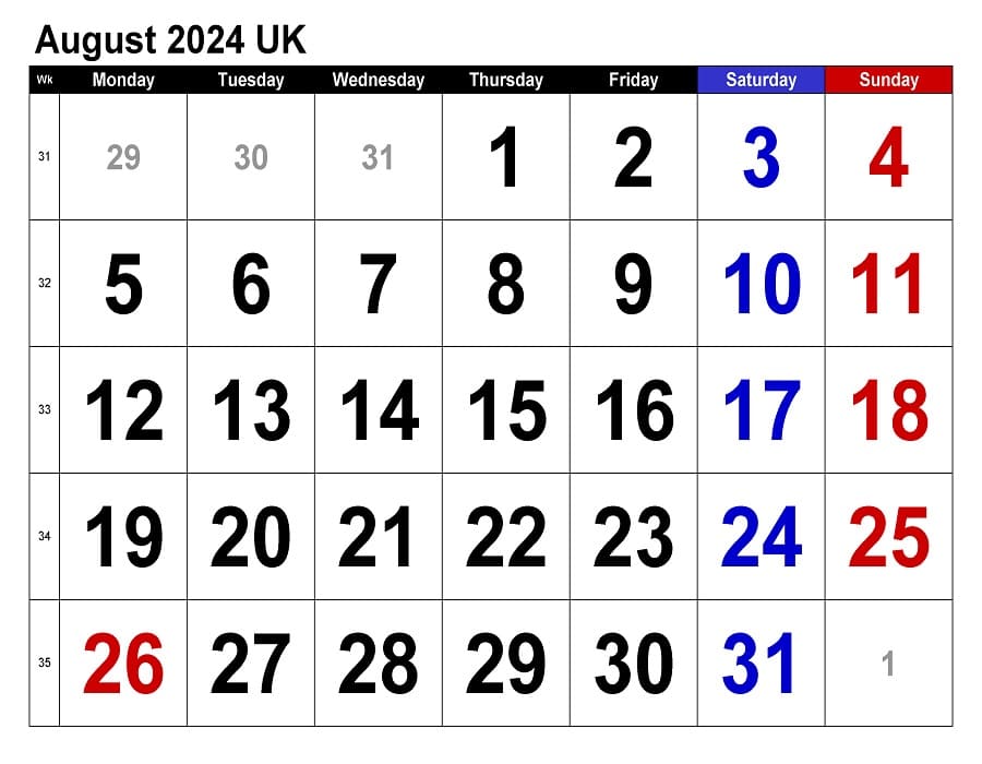 Printable August 2024 Calendar UK