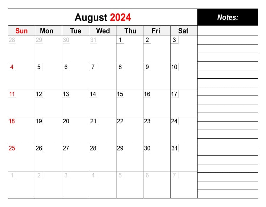 Printable August 2024 Calendar With Notes