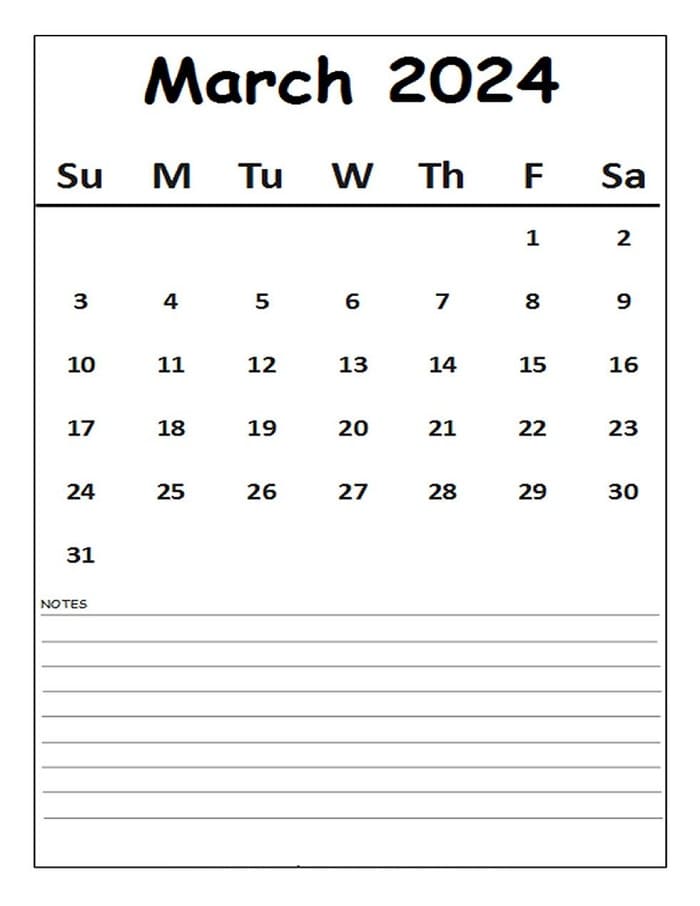 Printable Blank March 2024 Calendar