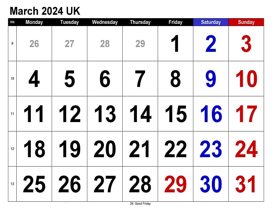 Printable Calendar March 2024 UK