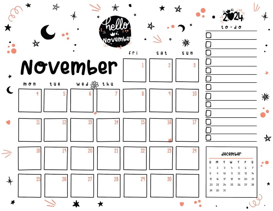 Printable Cute November 2024 Calendar Landscape