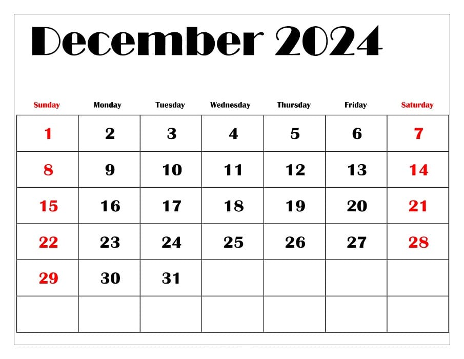 Printable December 2024 Blank Calendar