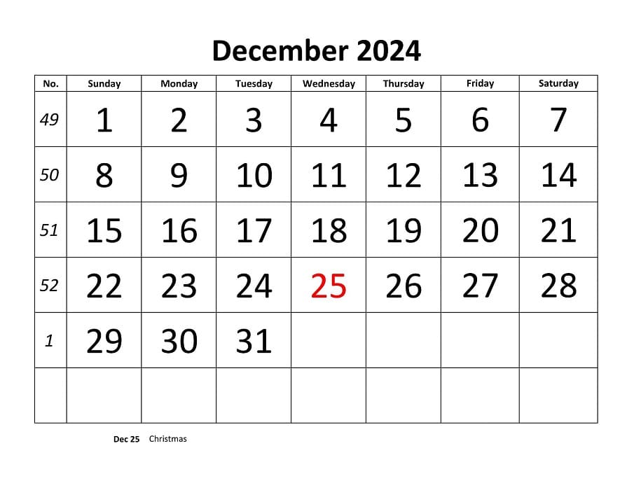 Printable December 2024 Calendar Bigfont