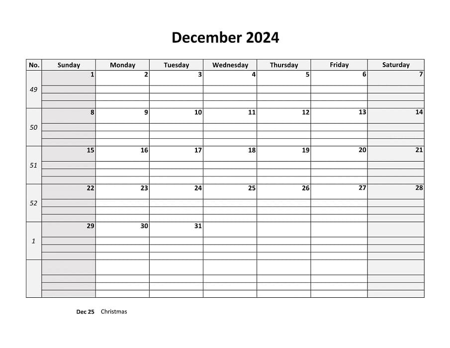 Printable December 2024 Calendar Daygrid Horizontal