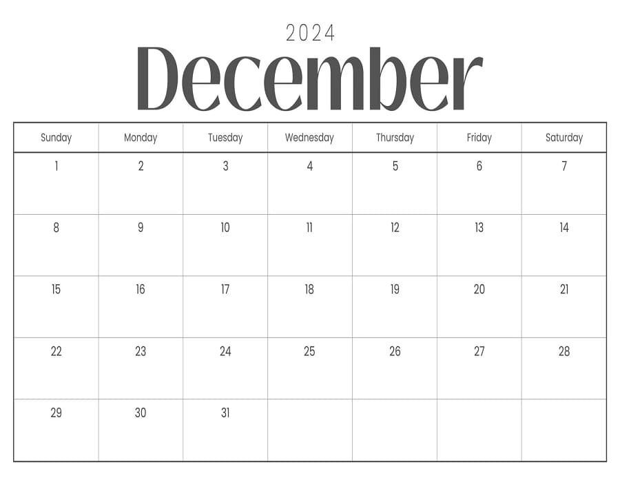 Printable December 2024 Calendar Design