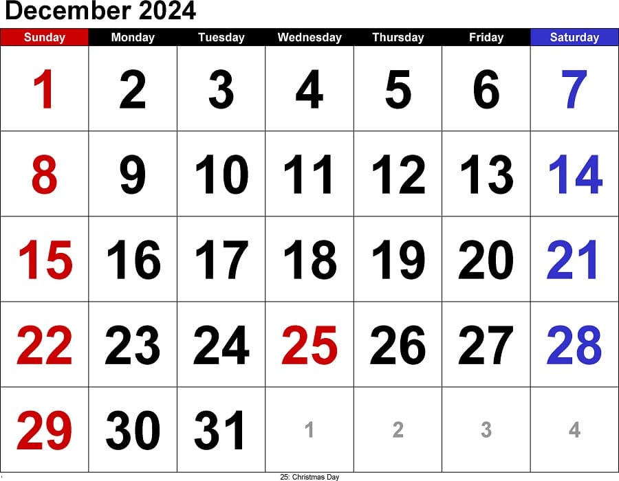 Printable December 2024 Calendar Large Numerals