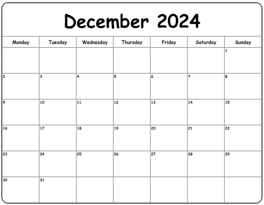 Printable December 2024 Calendar Monday Start