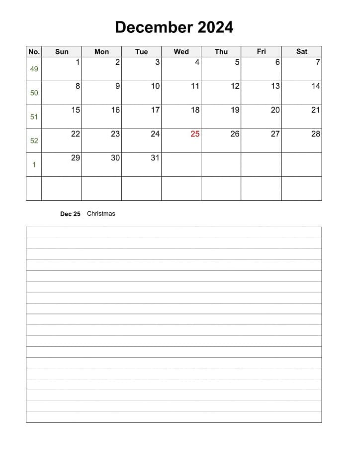 Printable December 2024 Calendar Notes Vertical