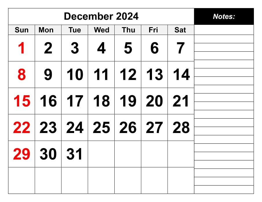 Printable December 2024 Calendar With Notes