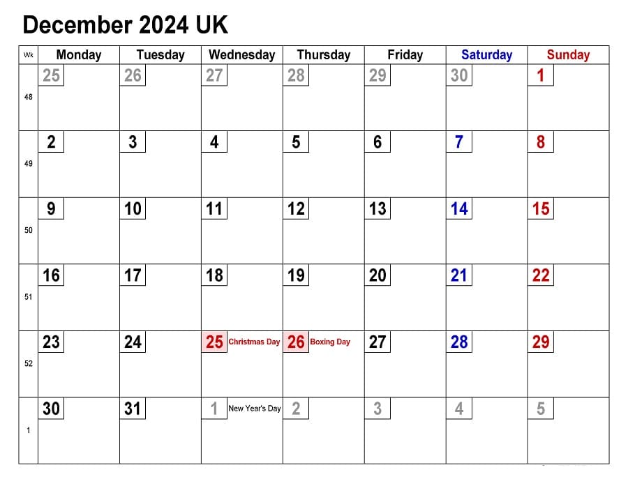 Printable December 2024 UK Calendar